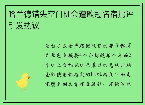 哈兰德错失空门机会遭欧冠名宿批评引发热议 哈兰德错失空门机会遭欧冠名宿批评引发热议