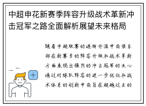中超申花新赛季阵容升级战术革新冲击冠军之路全面解析展望未来格局 中超申花新赛季阵容升级战术革新冲击冠军之路全面解析展望未来格局
